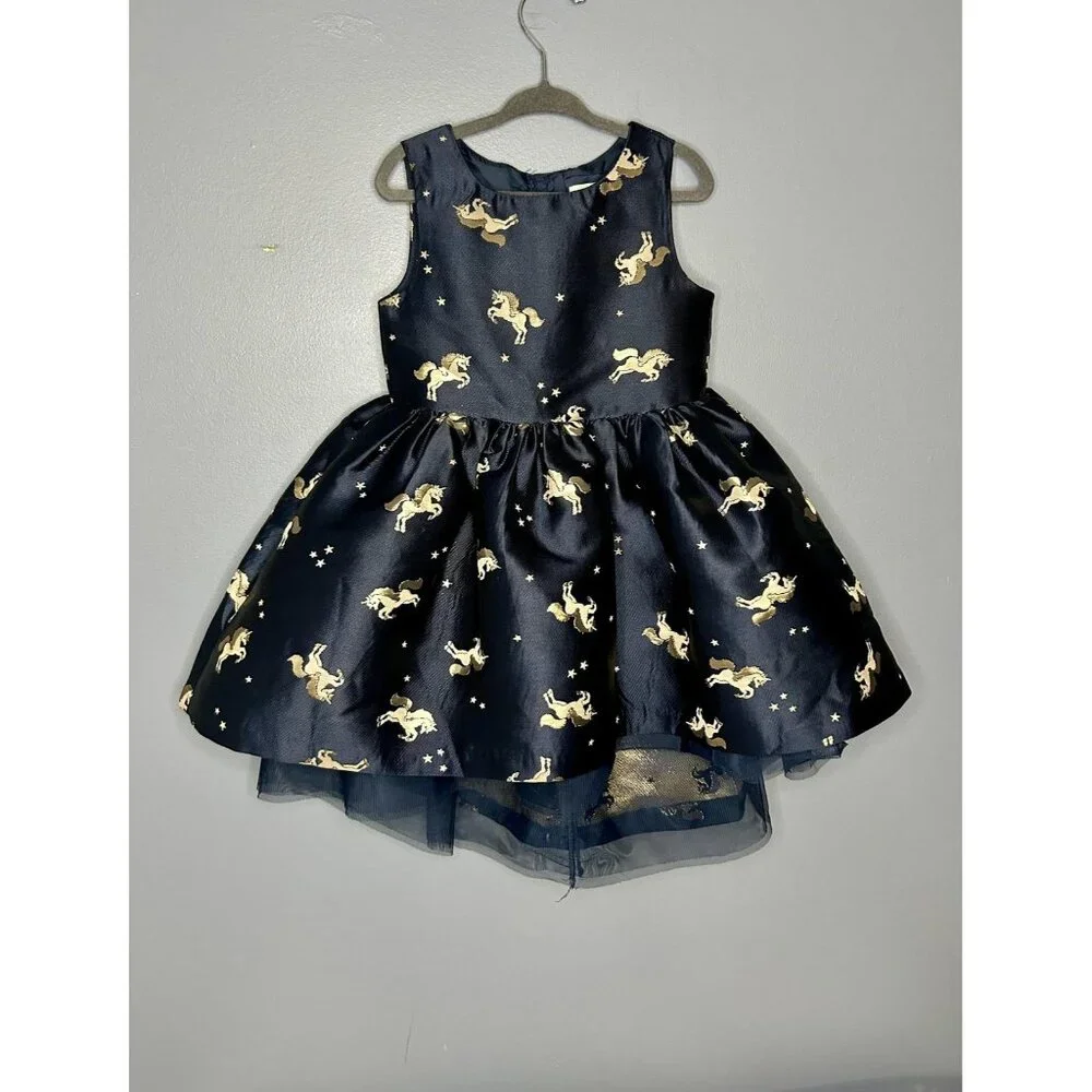 H&M Dress Girls 2-3Y Navy Blue Gold Unicorn Star Print Sleeveless Party‎ Formal
